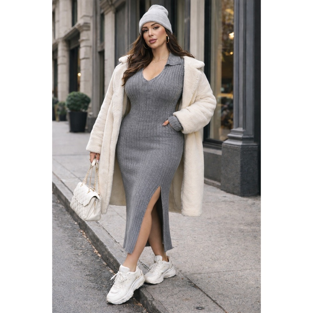I Saw It First Ribbed Knit Sweater Midi Dress Size 18 Neutral Minimalist Cozy
